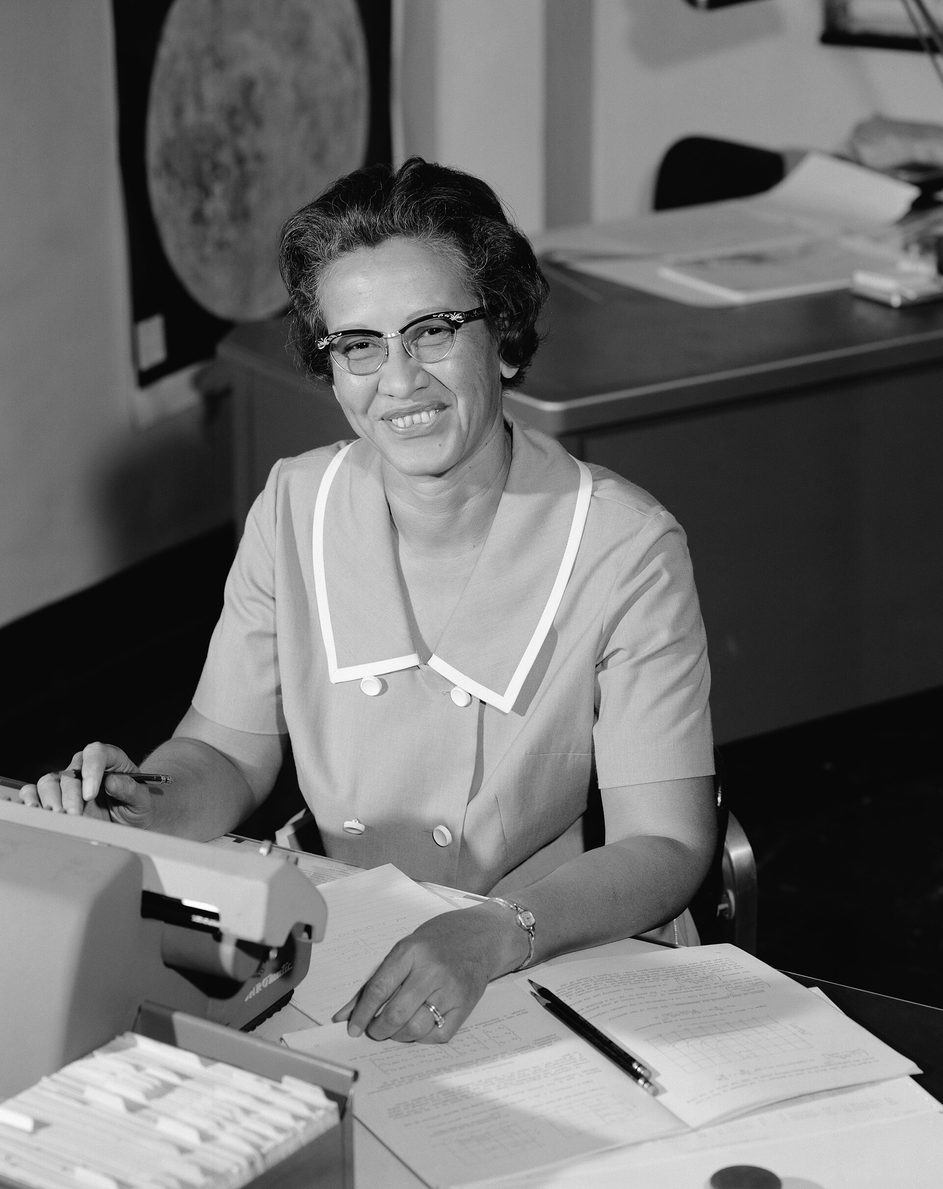 Johnson at work at NASA in 1966, where her calculations guided American spaceflight.