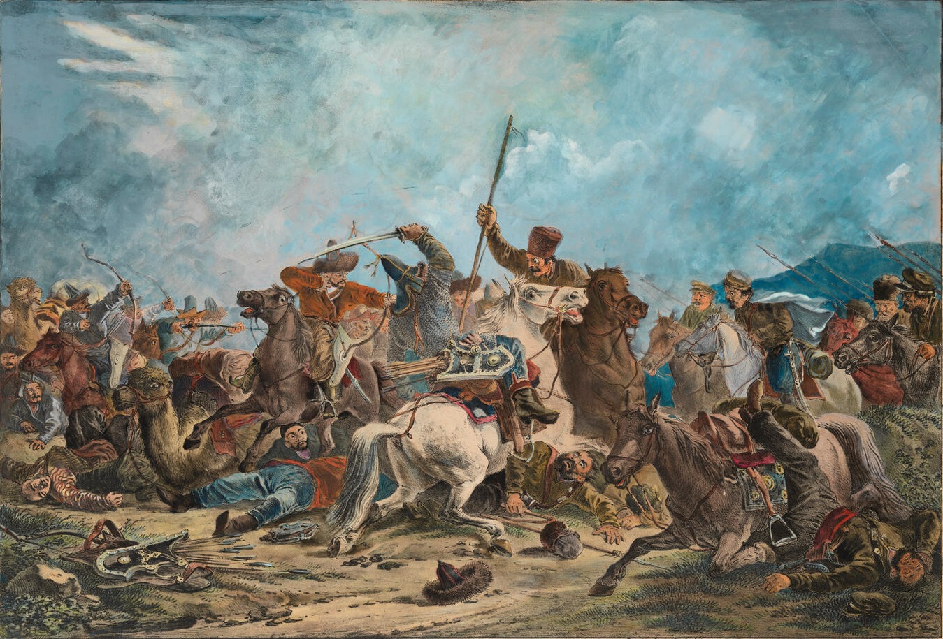 Ural Cossacks skirmishing with Kazakhs in 1826, during the long absorption of the steppe into the Russian Empire. Russian forts and settlers gradually pushed into the lands of the nomads.