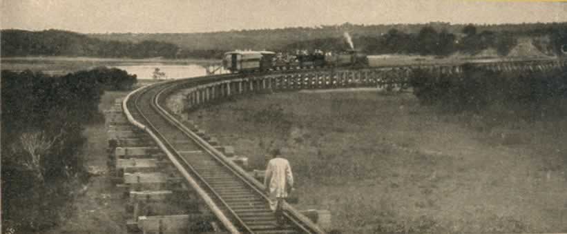 The Kenya-Uganda Railway near Mombasa around 1899. Nicknamed the Lunatic Line for its cost and difficulty, the railway opened the interior to British settlement and reshaped the whole region.