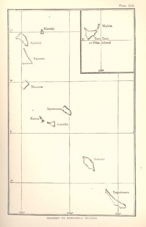 A map of the Gilbert Islands from 1890. The scattered atolls that form the heart of Kiribati are strung along the equator, and the modern nation spreads across three such chains over a vast expanse of the central Pacific.