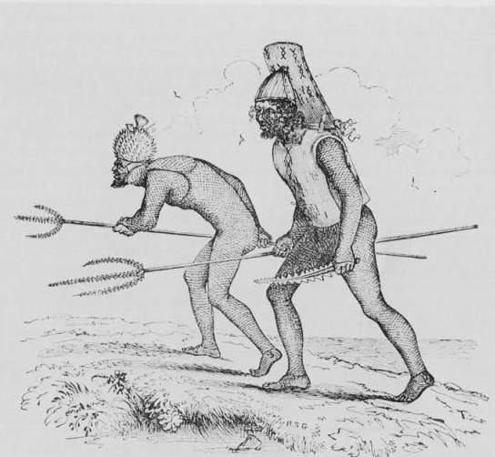 Gilbertese warriors armed with weapons edged with sharks' teeth, from the islands' traditional culture. Credit: Alfred Thomas Agate (Public domain).