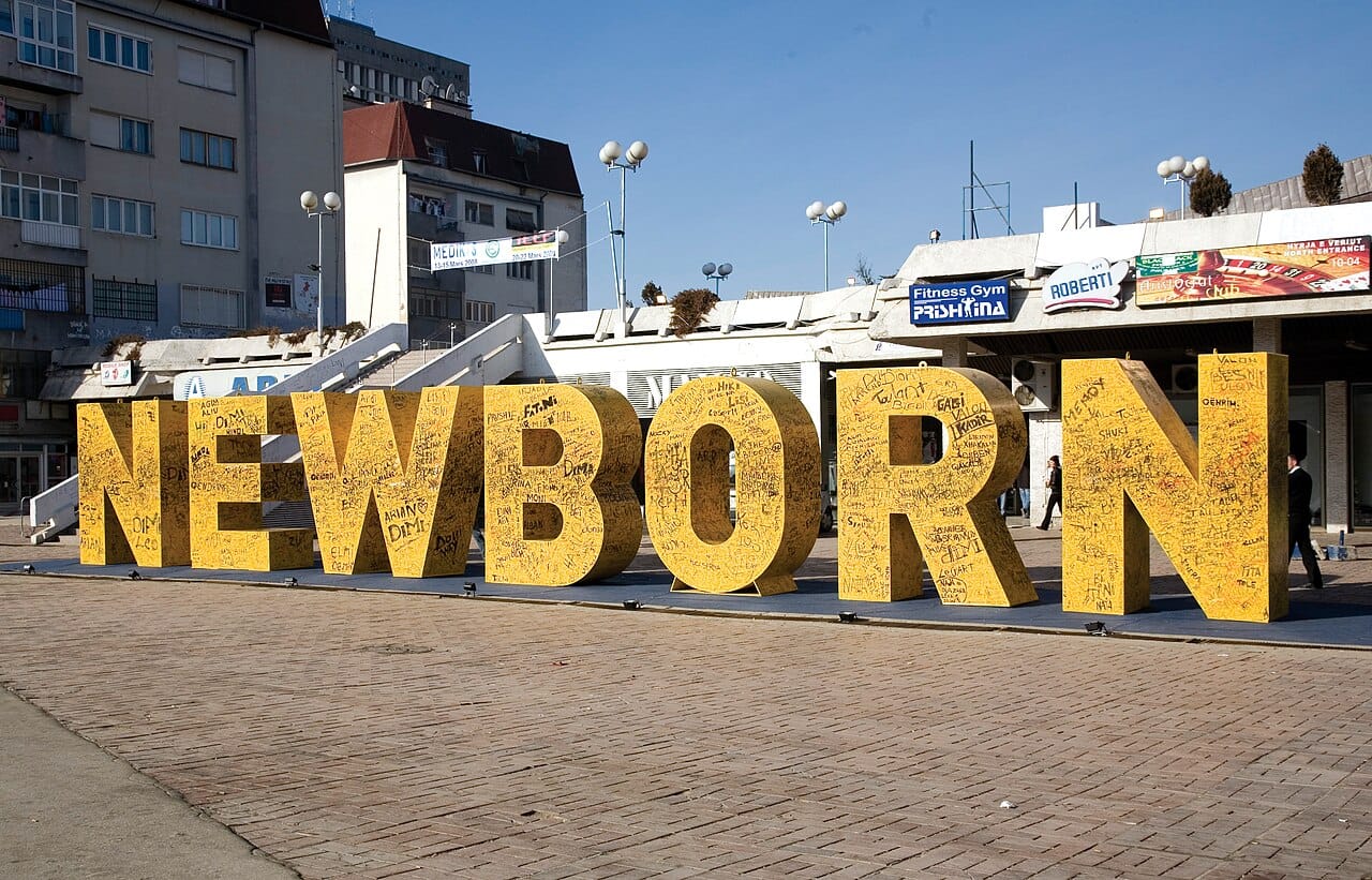 The NEWBORN monument in Pristina, unveiled when Kosovo declared independence in 2008. Europe's youngest country is recognised by much of the world but not by Serbia, Russia, China, and others, leaving its statehood disputed.