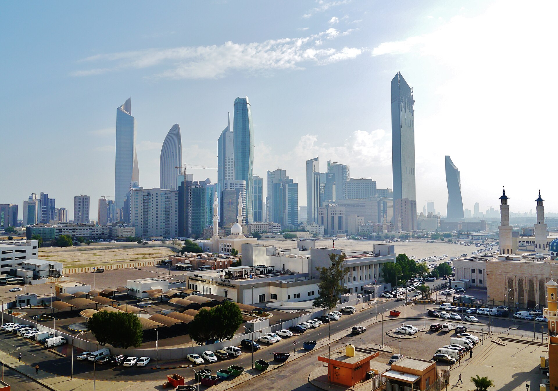 The skyline of Kuwait City rising above the Gulf. Oil wealth transformed a modest trading port into a modern capital of towers, banks, and shopping districts within a few decades.