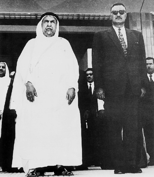 The ruler Abdullah Al-Salim Al-Sabah with the Egyptian president Gamal Abdel Nasser. Kuwait won full independence in 1961 and quickly took a place among the Arab states, using its new oil wealth to build a modern nation.