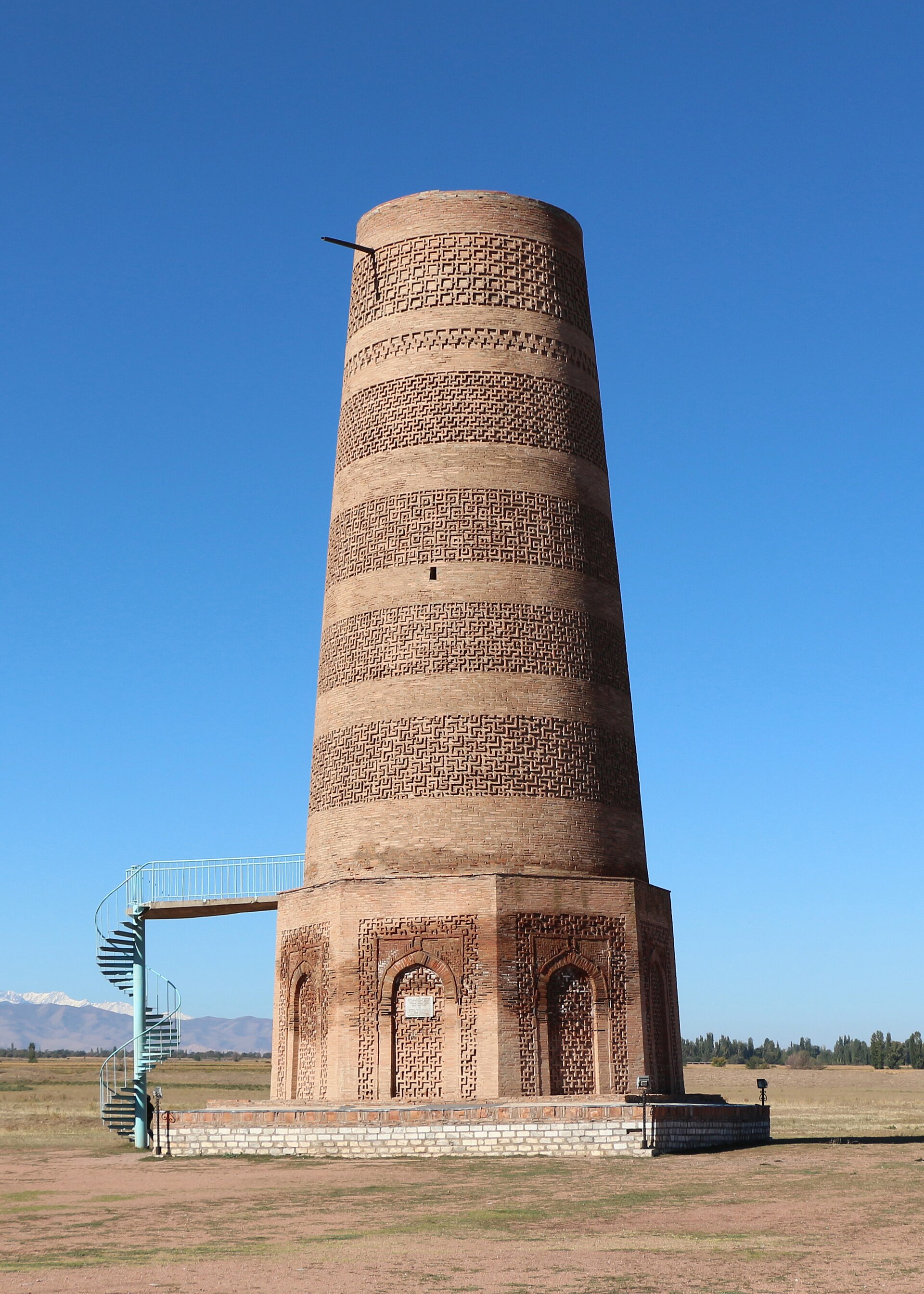 The Burana Tower, a great minaret near the site of the medieval Silk Road city of Balasagun. Built around the eleventh century, it is one of the oldest surviving structures of its kind in the region.