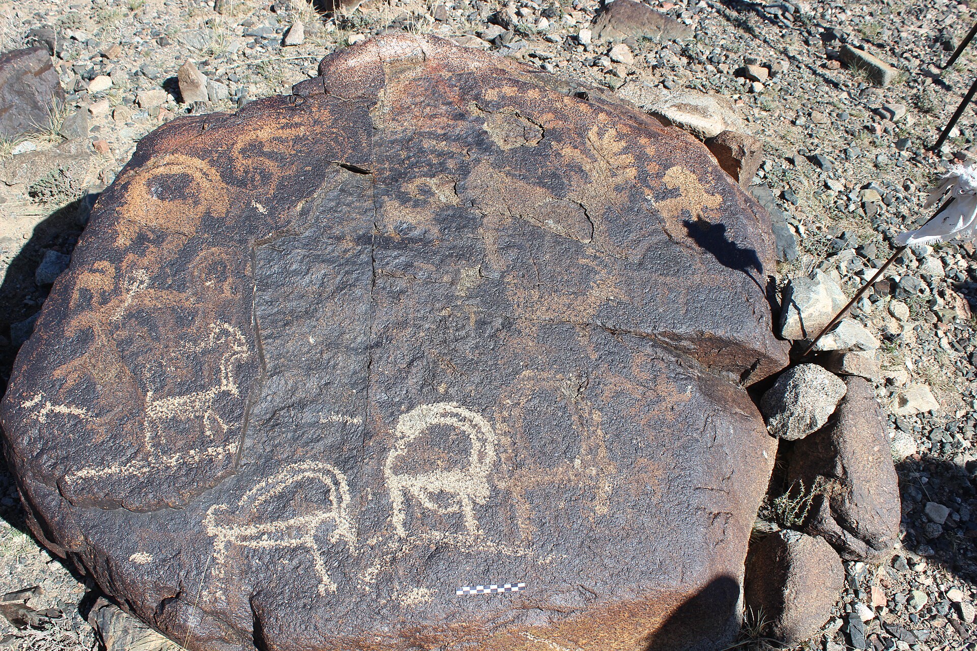 Ancient petroglyphs carved into rocks at Sary-Kamysh, depicting the sheep and animals of the highlands. Such rock art records the long presence of herders and hunters in the mountains of Kyrgyzstan.