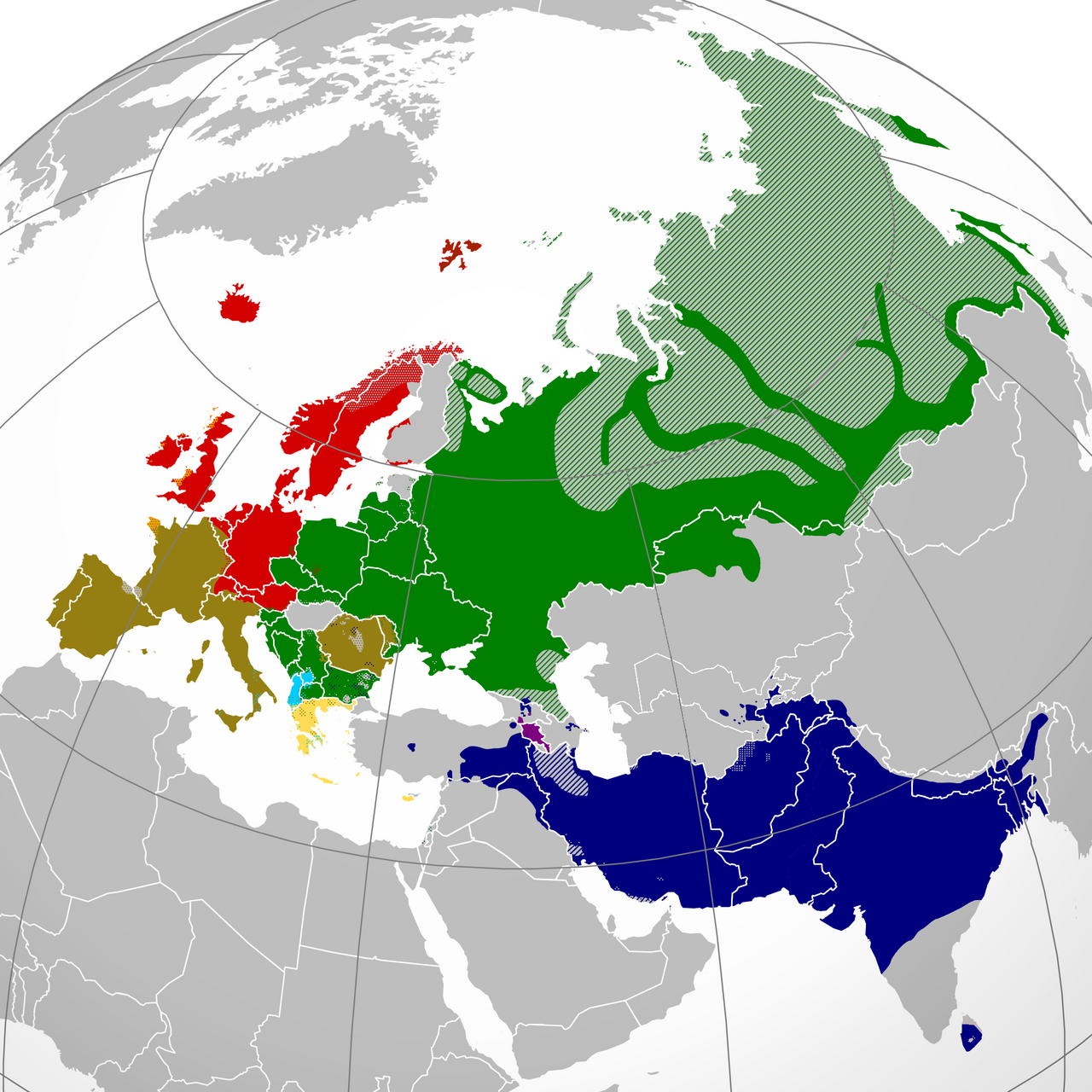 Branches of Indo-European. The family covers most of Europe, much of the Iranian plateau and northern South Asia, and its reconstruction was the first great achievement of historical linguistics.