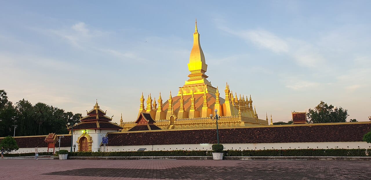 Pha That Luang in Vientiane, the great gold-covered Buddhist stupa that is the national symbol of Laos. Believed to enshrine a relic of the Buddha, it is the most sacred monument in the country.