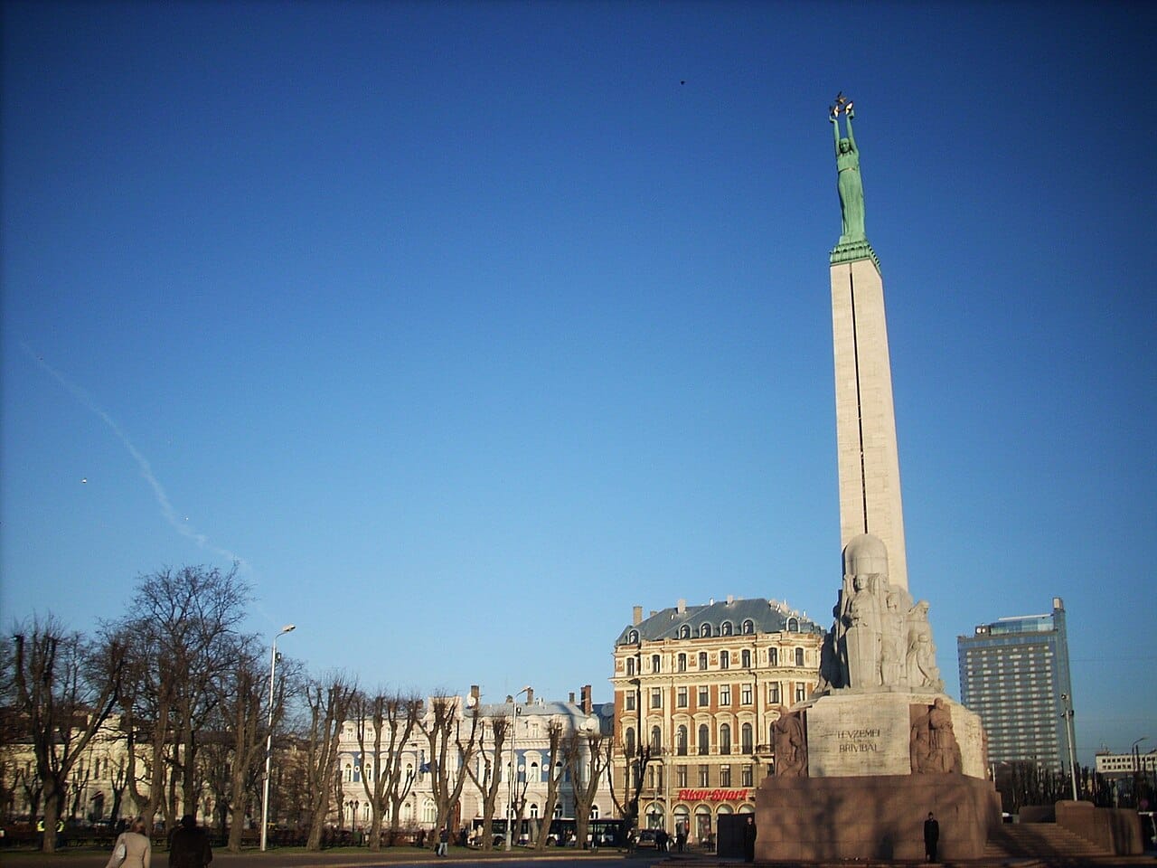 The Freedom Monument in the centre of Riga, unveiled in 1935 and crowned by a figure holding three golden stars for Latvia's historic regions. It survived the Soviet occupation and remains the cherished symbol of Latvian independence.