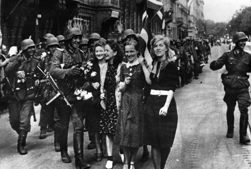 German soldiers entering Riga in July 1941. The Nazi occupation that followed the Soviet annexation brought the Holocaust, in which almost the whole of Latvia's Jewish population was murdered.