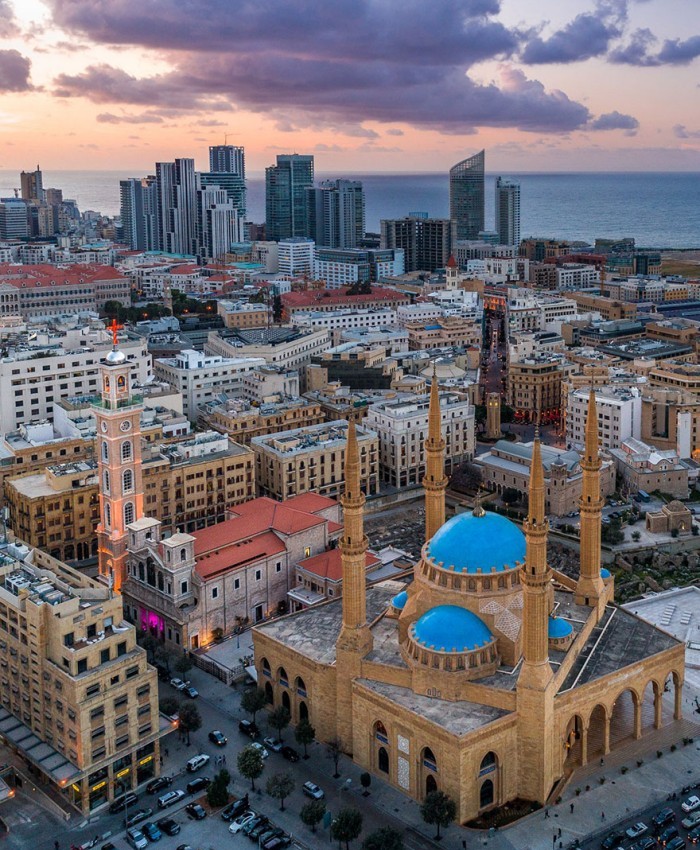 An aerial view of Beirut, the capital, spread along the Mediterranean coast. Rebuilt many times through war and disaster, the city remains the cultural and commercial heart of Lebanon and a symbol of its resilience.