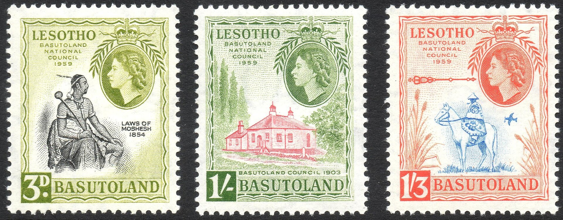Stamps of the Basutoland National Council from 1959. Under a British protectorate secured by Moshoeshoe, the Basotho avoided incorporation into South Africa, keeping a separate path to independence in 1966.