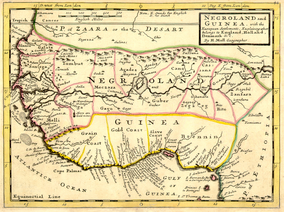 A 1736 European map of the West African coast showing the Grain Coast, the old name for Liberia, after the malagueta pepper traded there. The coast was long home to indigenous peoples before American settlement began.