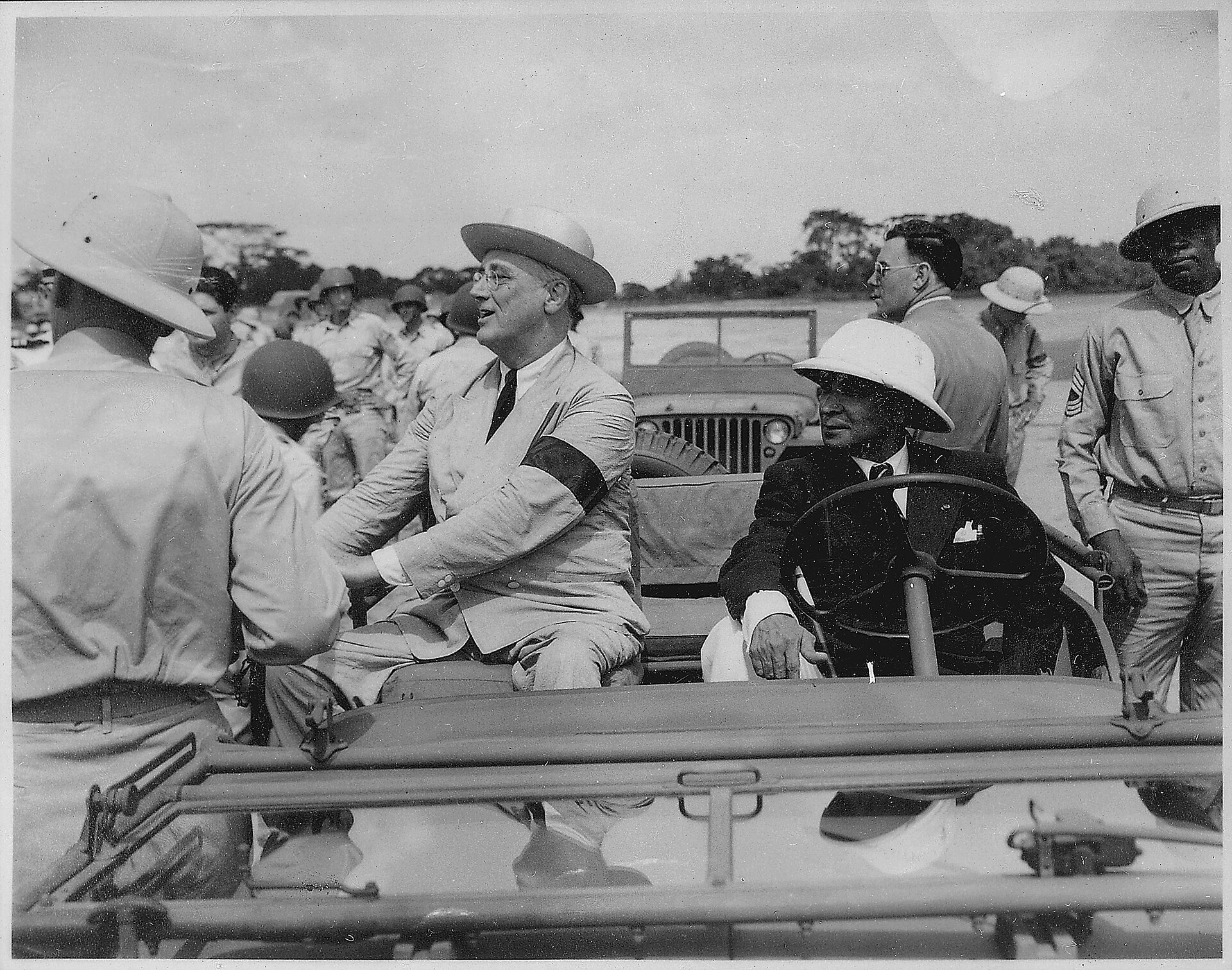 Liberian President Edwin Barclay, left, with United States President Franklin Roosevelt. Liberia kept close ties to the United States, hosting American rubber plantations and wartime bases, throughout the era of Americo-Liberian rule.