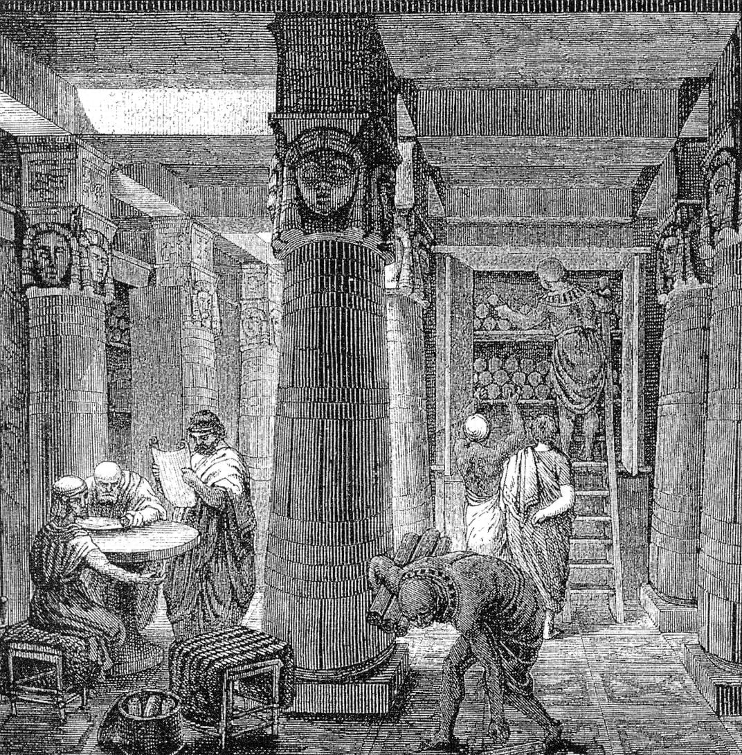 An imagined view of the library at Alexandria. Its loss was gradual rather than a single catastrophe, and the decline of its scholarly community mattered as much as the loss of scrolls.