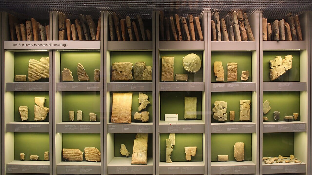 Tablets from the library of Ashurbanipal at Nineveh. The collection was catalogued and organised, and the clay it was written on survived the fire that destroyed the building.
