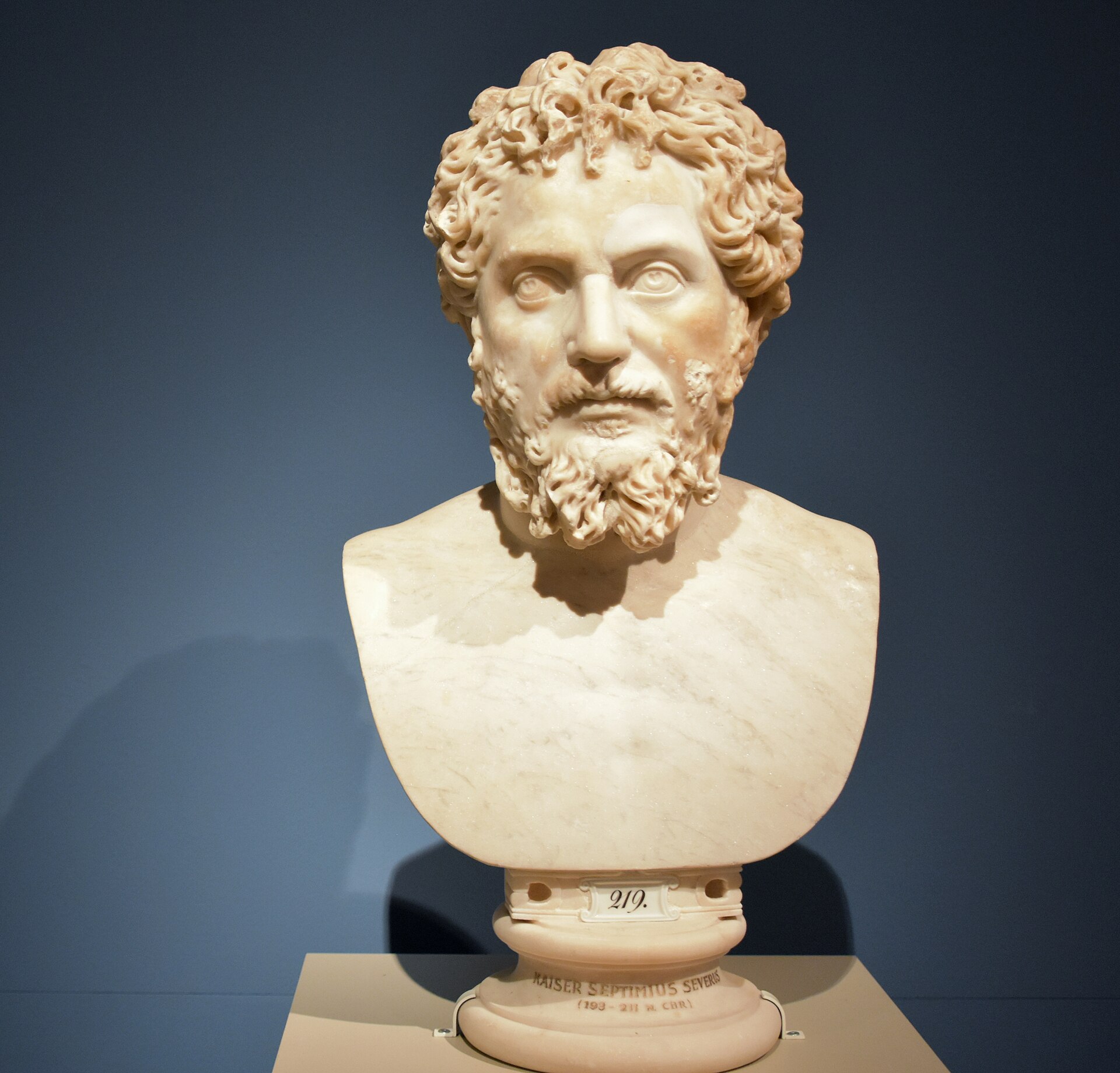 A bust of Septimius Severus, Roman emperor from AD 193 to 211. Born at Leptis Magna on the Libyan coast, he was the first emperor from Africa and founded a dynasty that ruled for four decades.