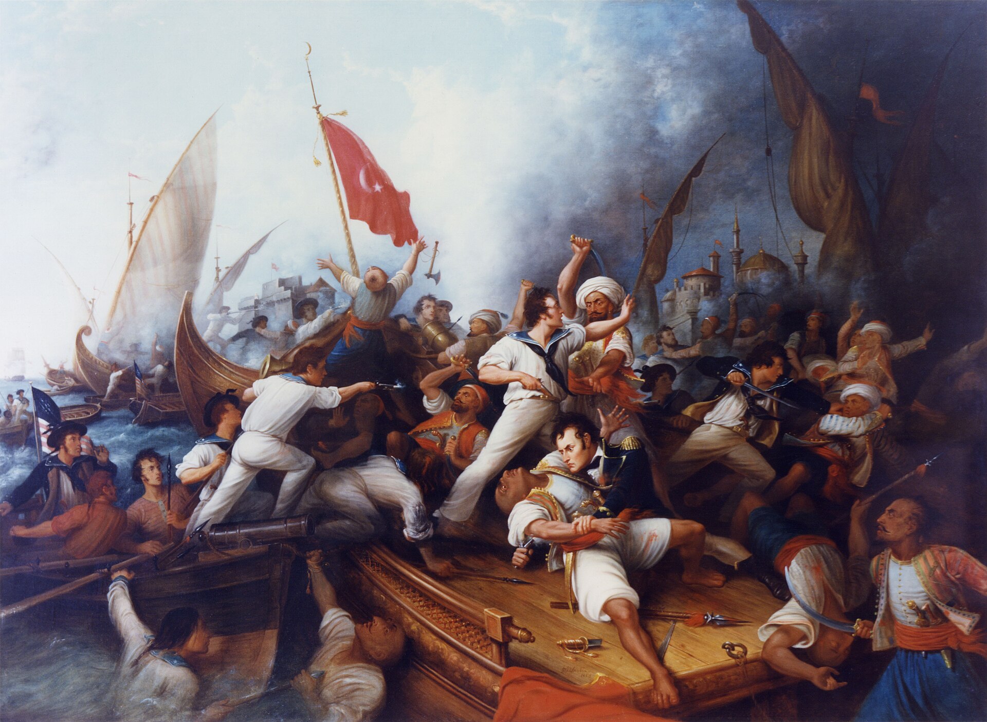 Stephen Decatur boarding a Tripolitan gunboat during the First Barbary War. The refusal to keep paying tribute to the corsair states of the Barbary coast drew the young United States into its first overseas war, fought off Libya between 1801 and 1805.