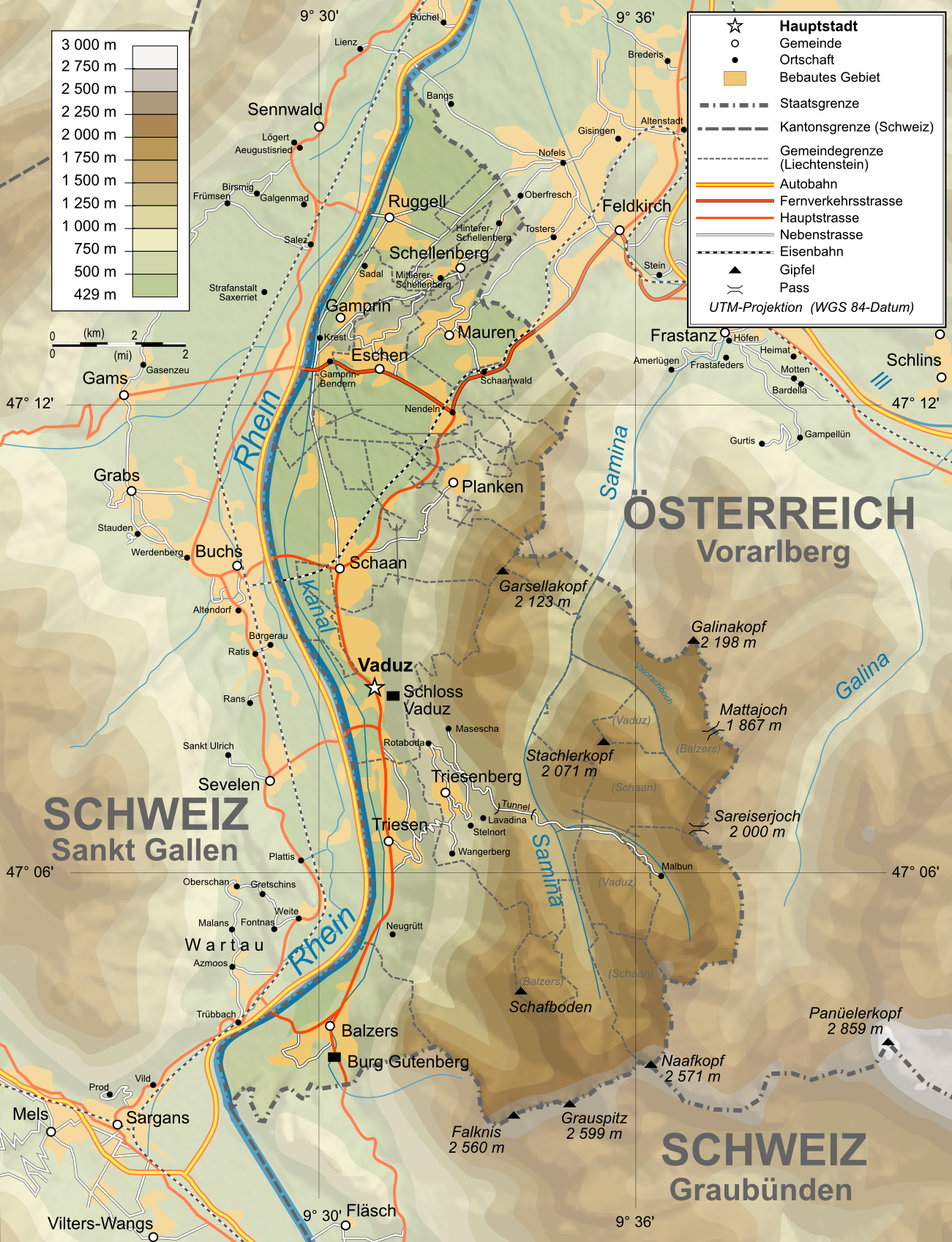 A topographic map of Liechtenstein. The country covers just 160 square kilometres, rising from the Rhine floodplain in the west to the Ratikon Alps in the east, and is one of only two doubly landlocked states in the world.