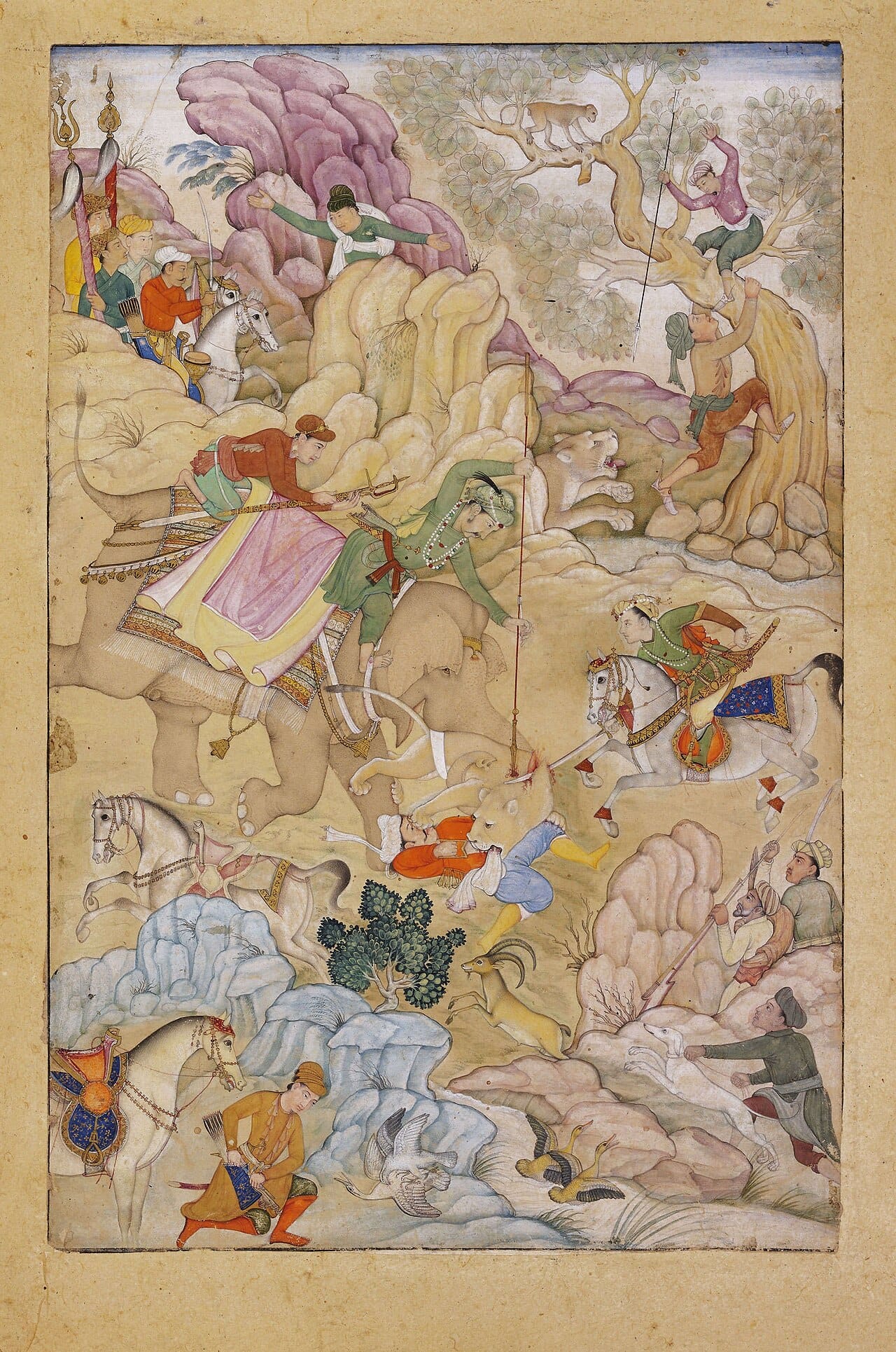 The Mughal emperor Jahangir on a lion hunt, around 1615. Lion hunting was a royal prerogative across much of the animal's Asian range, which is part of why the Indian population survived at all: it was preserved as a hunting reserve.