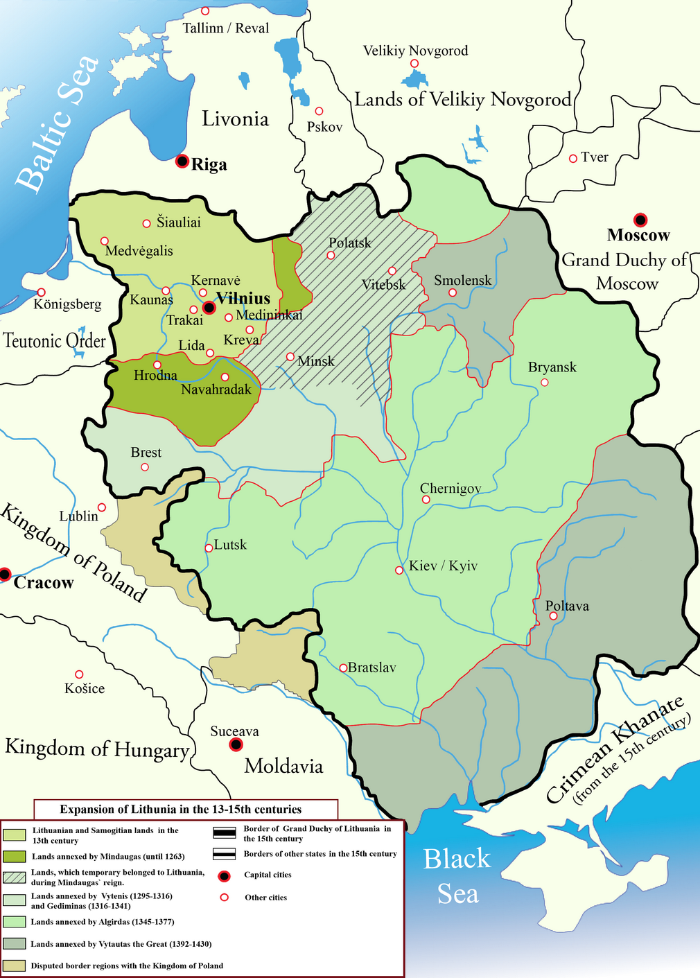 A map of the growth of the Grand Duchy of Lithuania from the thirteenth to the fifteenth century. At its height it was among the largest realms in Europe, dominating much of the eastern half of the continent.