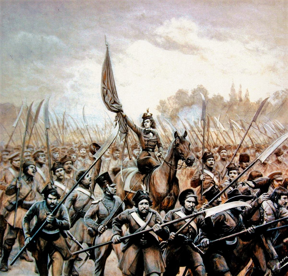 Emilia Plater leading peasant fighters during the uprising of 1831 against Russian rule. Lithuanians rose repeatedly against the Russian Empire, keeping alive a spirit of resistance and a longing for freedom.