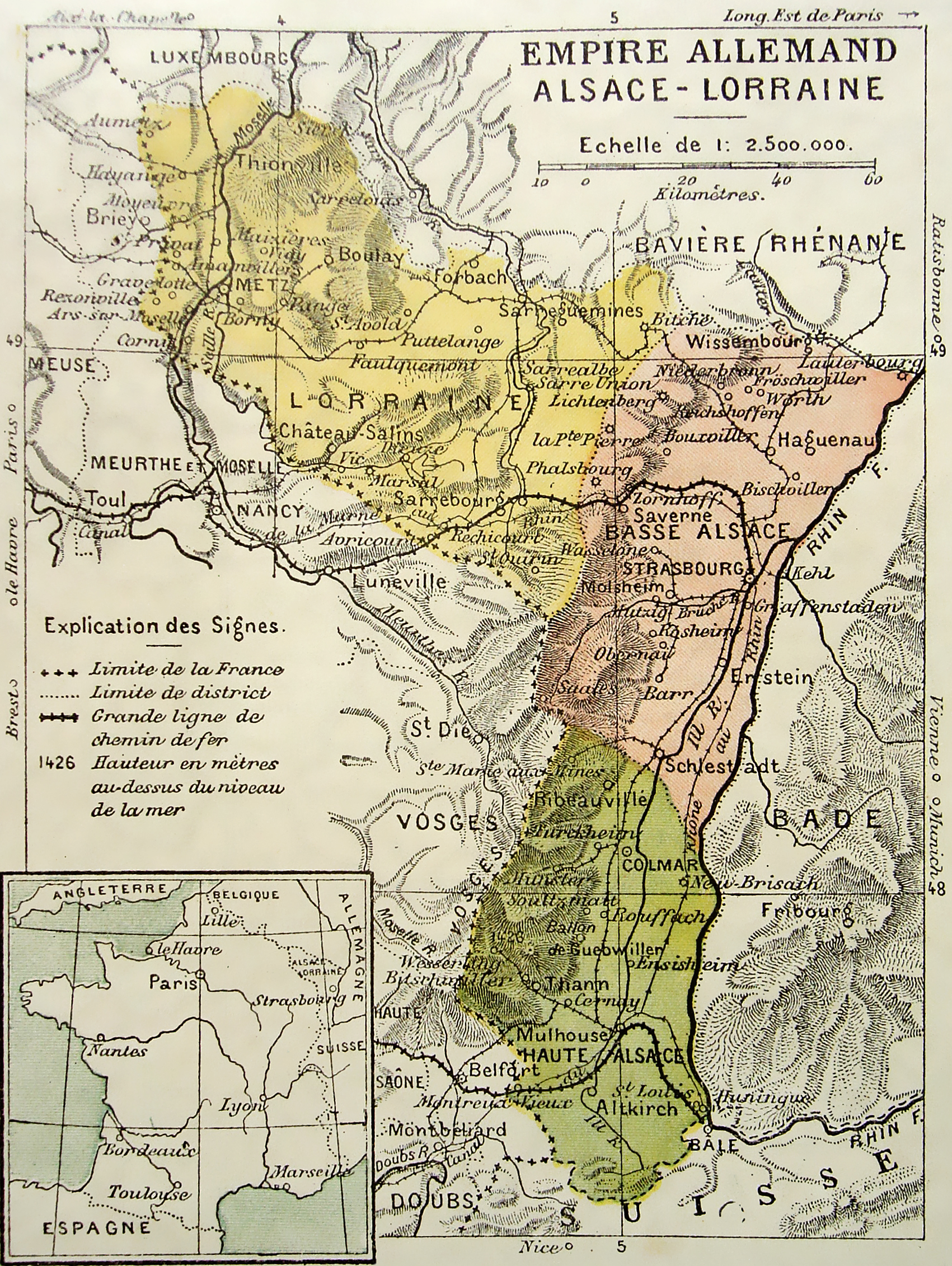 Luxembourg's frontier with German-annexed Alsace-Lorraine between 1871 and 1918. Wedged between France and Germany, the small duchy was occupied by Germany in both world wars despite its declared neutrality.