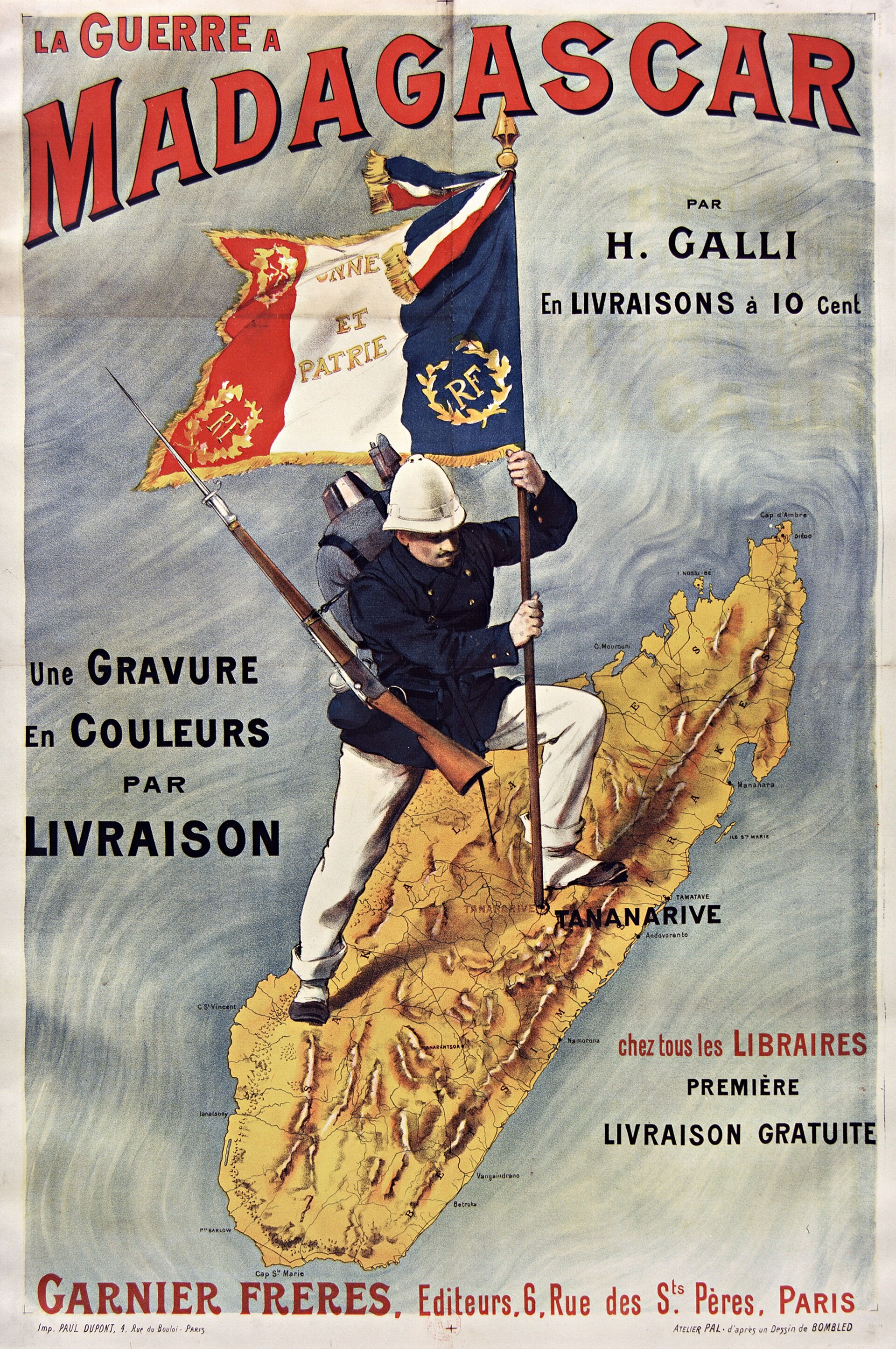 A French poster celebrating the conquest of Madagascar in the Franco-Hova War of the 1890s, which ended the Merina monarchy and made the island a French colony.