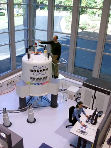 A nuclear magnetic resonance spectrometer. The physics of MRI is the same as that used in chemistry for structural analysis, applied to the hydrogen in body water and fat.