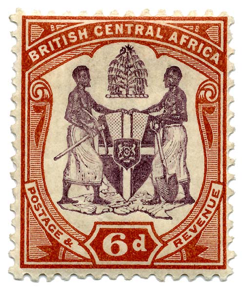An 1897 stamp of British Central Africa. The explorer David Livingstone's campaign against the slave trade drew British missionaries to the region, which became the protectorate of Nyasaland until independence.