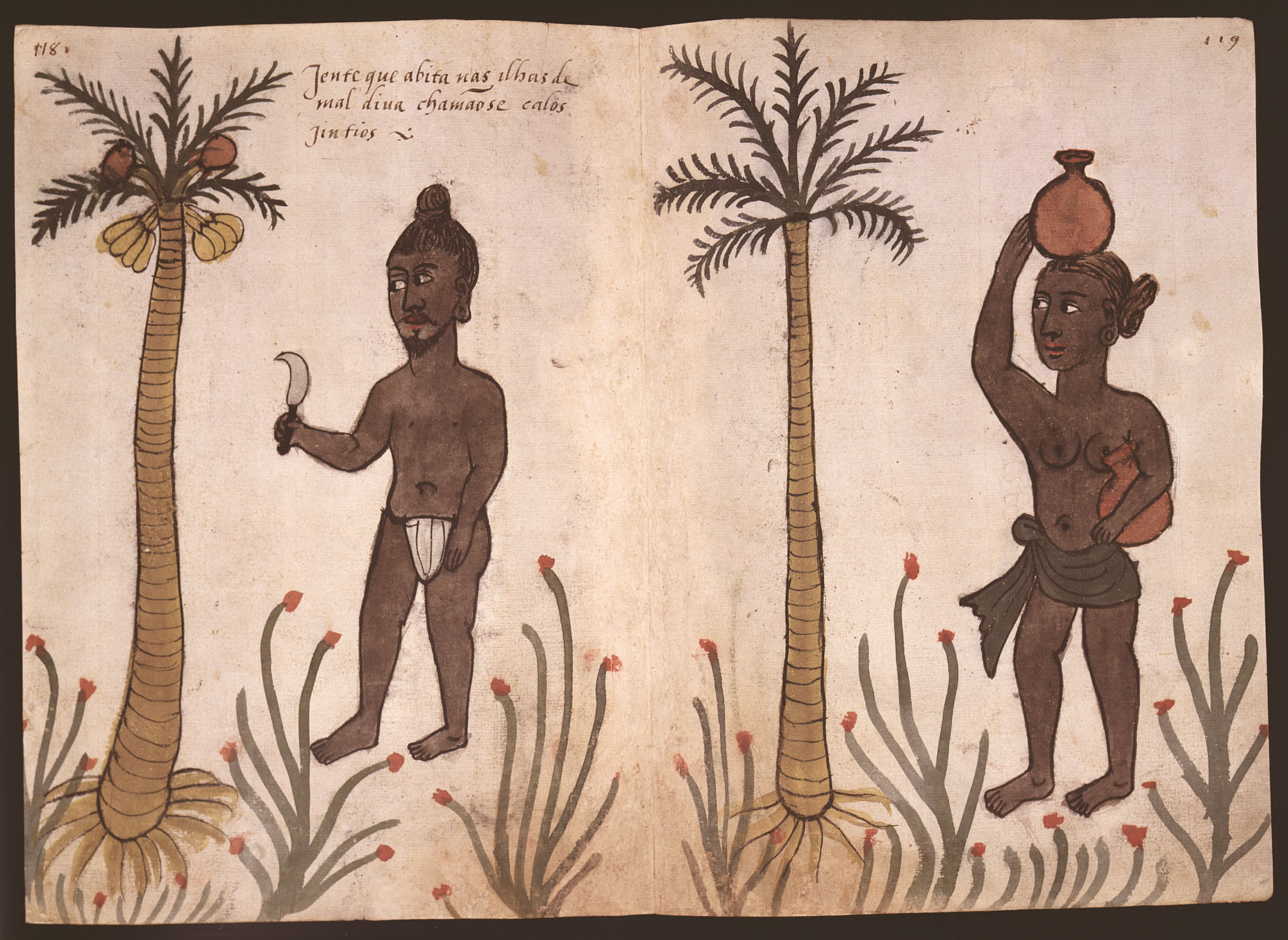 A sixteenth-century Portuguese depiction of the people of the Maldives. The islands' seafaring inhabitants were well known across the Indian Ocean world of trade.