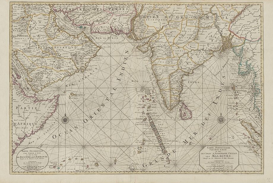 An eighteenth-century European map of the Maldives, its long chains of atolls carefully charted. The islands were a landmark, and a hazard, on the sea routes across the Indian Ocean.