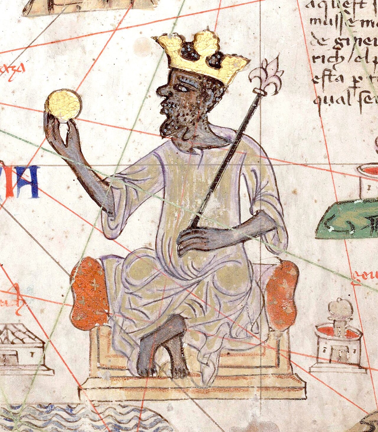 Mansa Musa, ruler of the Mali Empire, depicted holding a gold nugget on the 1375 Catalan Atlas. His legendary pilgrimage to Mecca, lavishing gold along the way, made him a byword across the medieval world for fabulous wealth.
