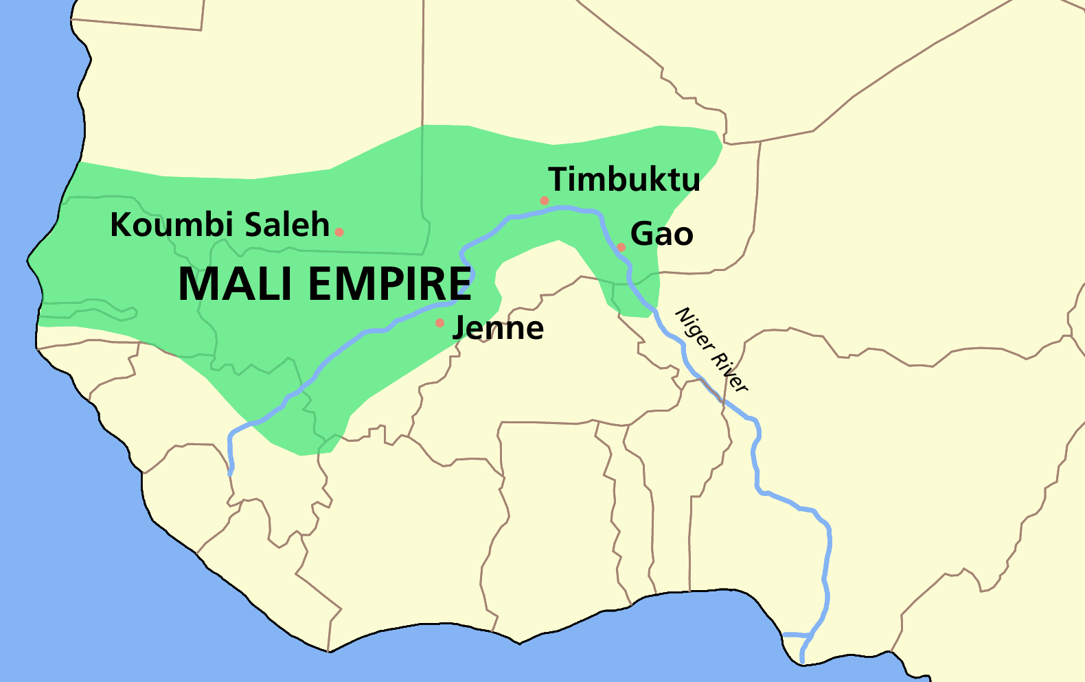 The extent of the Mali Empire at its height, one of the wealthiest states of the medieval world. Credit: Unknown (CC BY-SA 3.0).