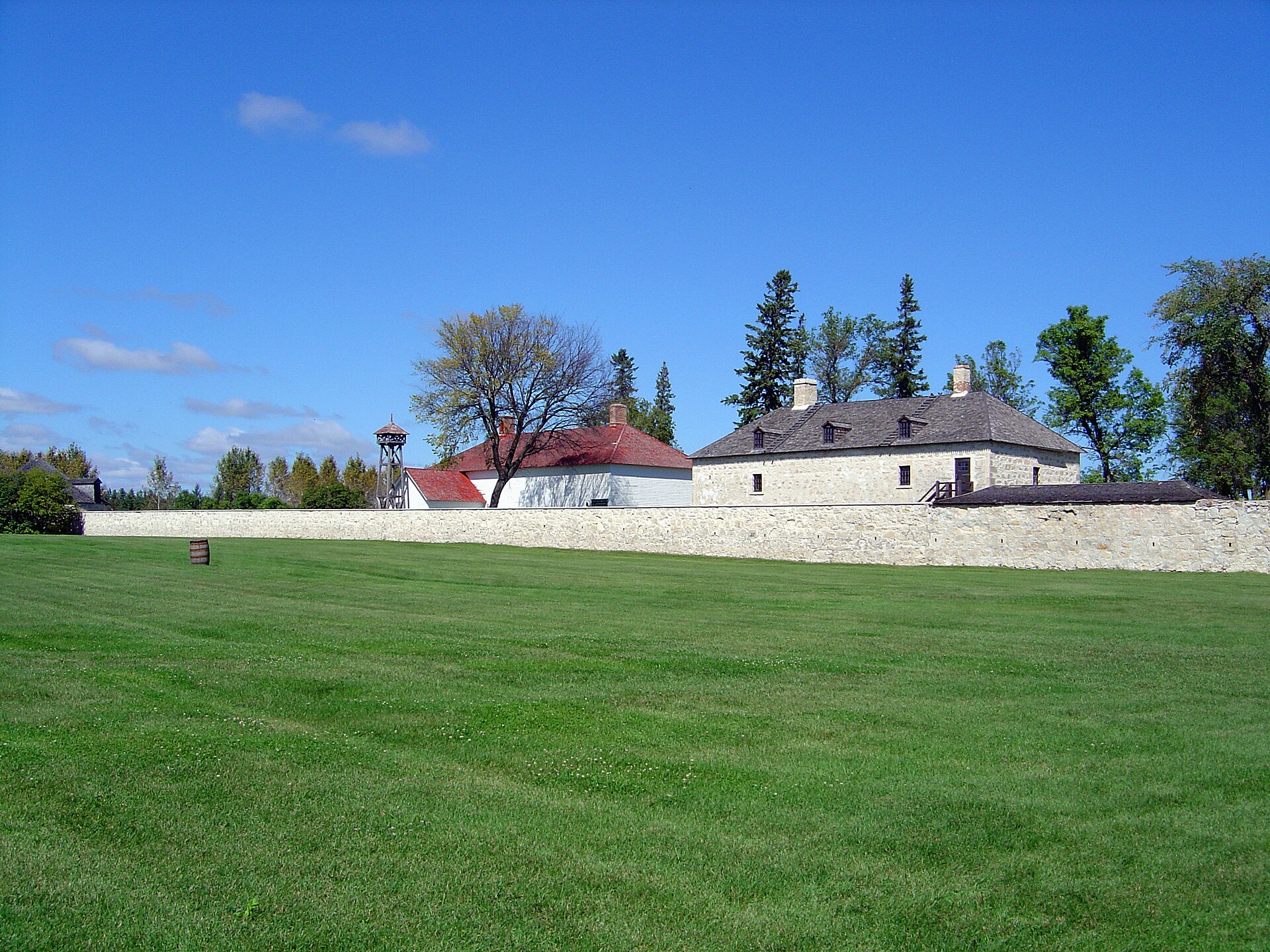 Lower Fort Garry on the Red River, a stone trading post built by the Hudson's Bay Company in the 1830s. Now a national historic site, it recalls the era when the fur trade and the company governed the vast territory that later became Manitoba.