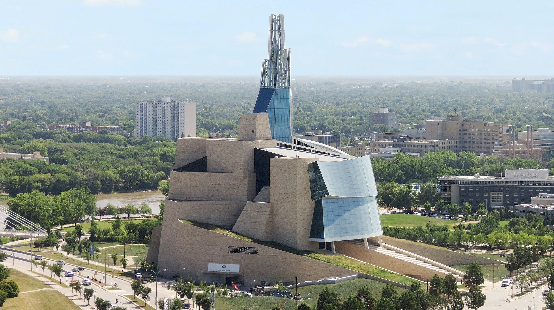 The Canadian Museum for Human Rights at The Forks in Winnipeg, opened in 2014. The first national museum built outside the Ottawa region, its striking glass tower has become a landmark of the city.