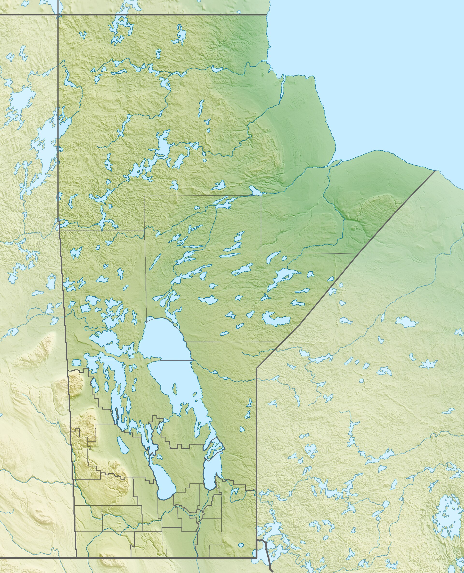 A relief map of Manitoba, showing the flat prairies and lakes of the south giving way to the rocky Canadian Shield and the boreal forest of the north. The province reaches all the way to a short coastline on Hudson Bay.