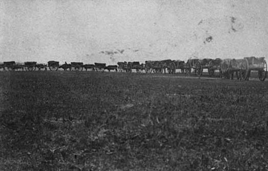 A train of Red River carts, the wooden ox-drawn carts that the Metis used to haul goods and buffalo hides across the plains in the nineteenth century. They became a symbol of the fur-trade economy and of the Metis nation that took shape in the Red River country.