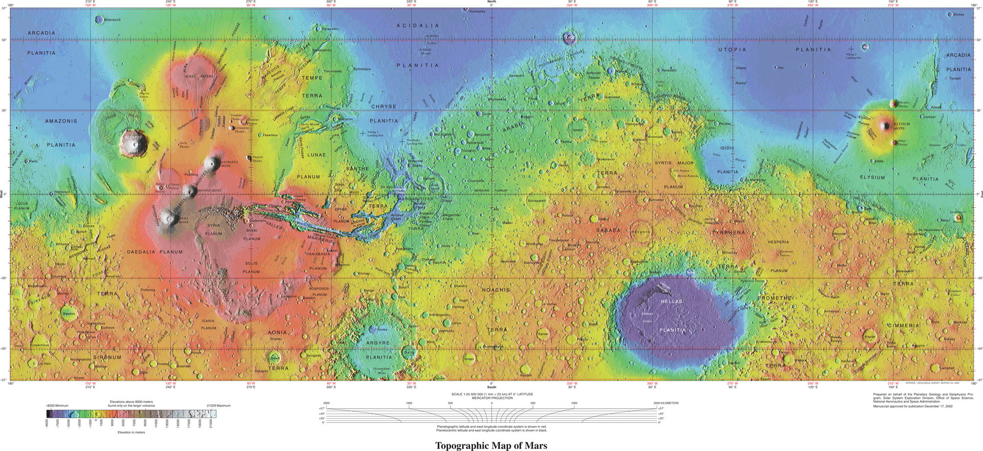 A topographic map of Mars, revealing the towering volcanoes and the vast canyon system of Valles Marineris. Credit: U.S. Geological Survey (Public domain).