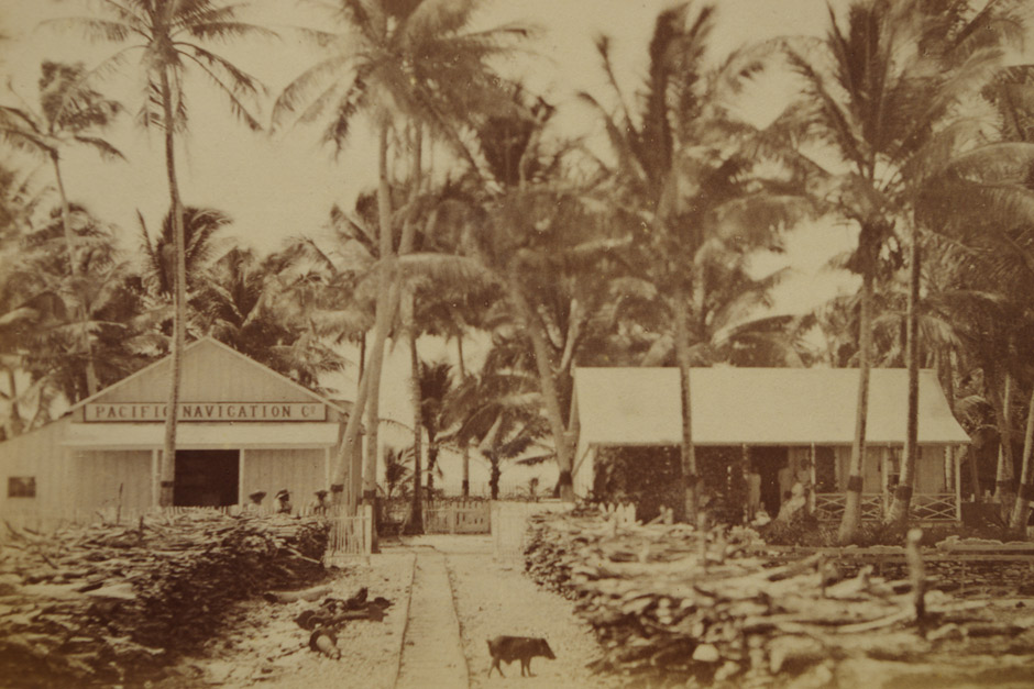 The offices of a trading company at Jaluit Atoll around 1899. Under German rule Jaluit became the commercial and administrative heart of the islands, centre of the lucrative copra trade in dried coconut.