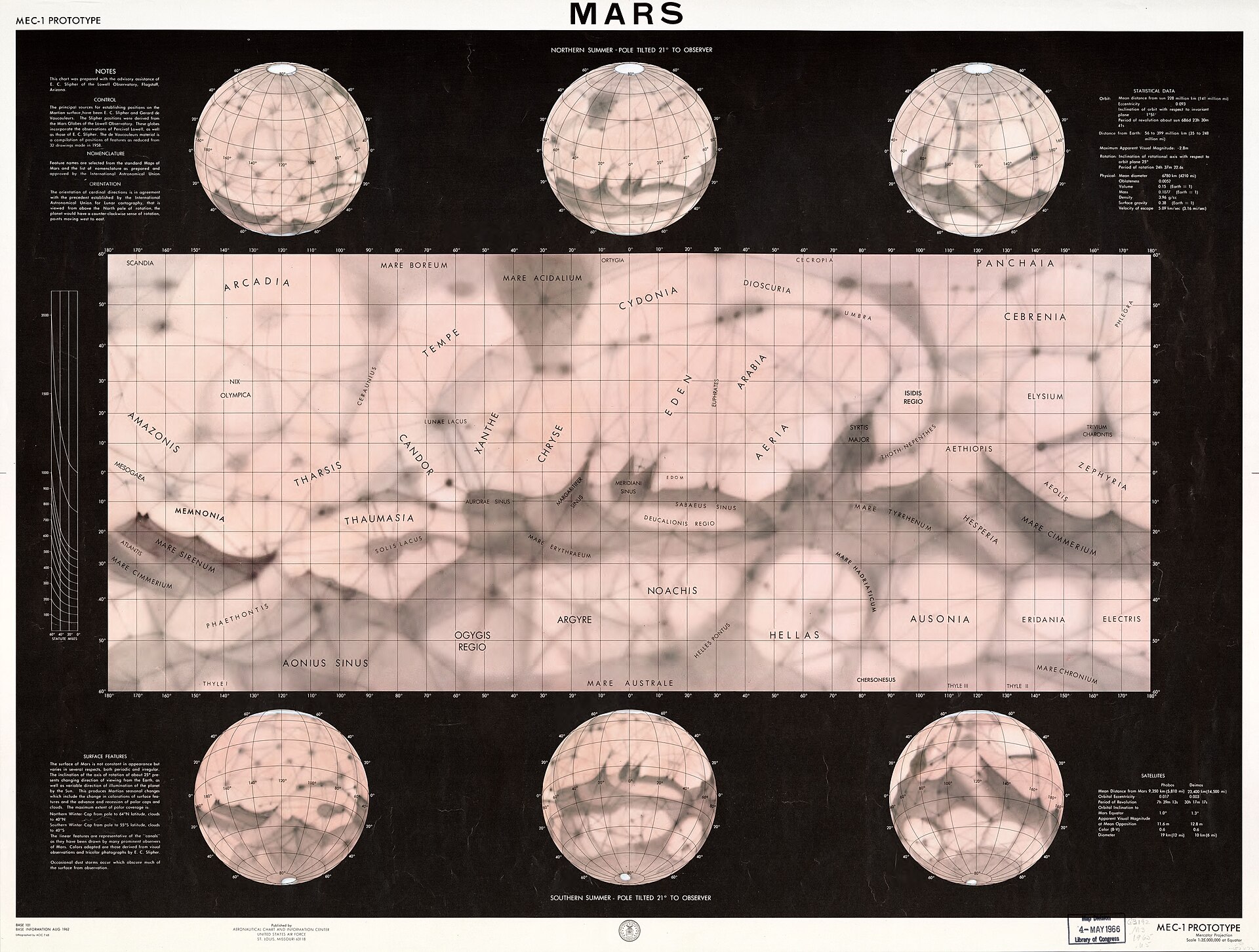 A 1962 map of Mars, compiled from telescope observations before spacecraft reached the planet.