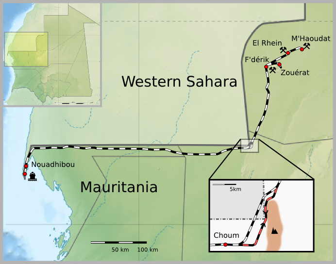 A map of the Mauritania Railway, which hauls iron ore from the mines at Zouerat across the desert to the port of Nouadhibou. Its trains, among the longest and heaviest in the world, carry the ore that is the country's leading export.