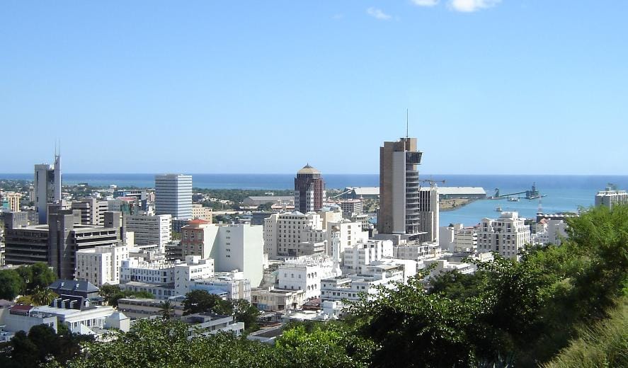 The skyline of Port Louis, the capital and largest city of Mauritius. A busy harbour city and financial centre, it is the hub of one of Africa's wealthiest and most stable nations.