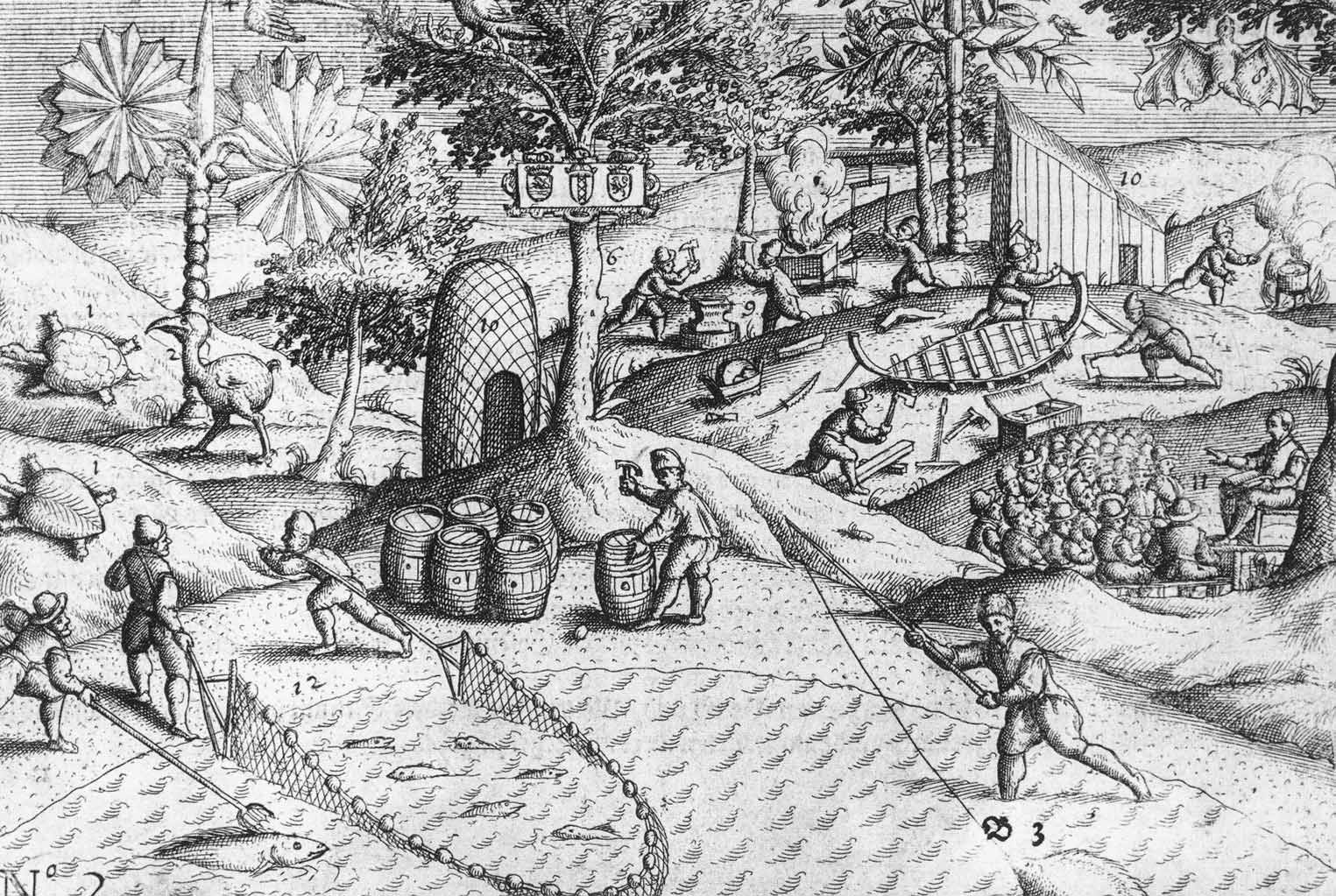 An early depiction of Dutch activity on Mauritius, including the flightless dodo. The Dutch, who settled the island in 1638, drove the dodo to extinction within decades, making it the enduring symbol of a species destroyed by humans.