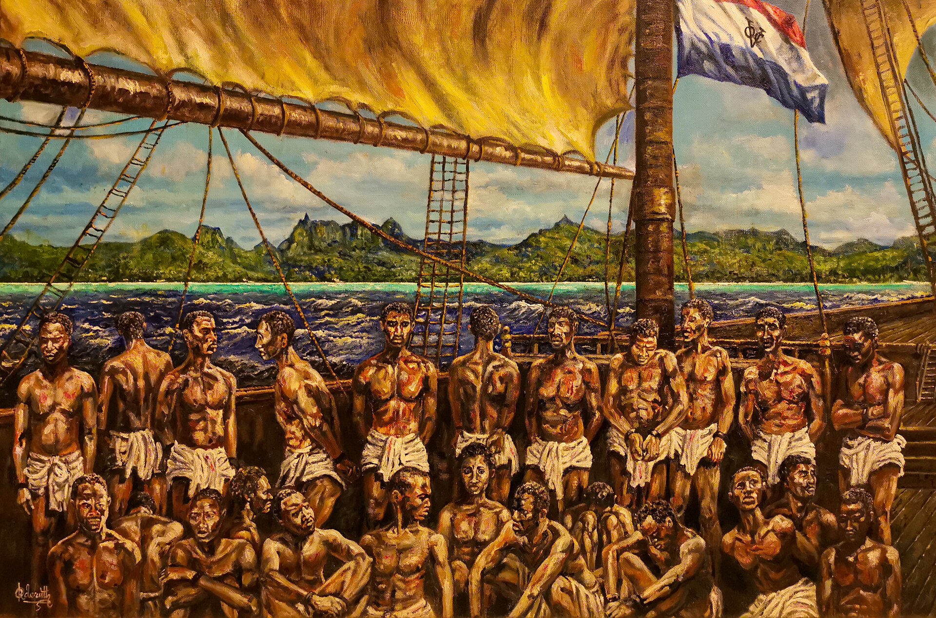 A depiction of the first African slaves brought to Mauritius. Under French rule the island's sugar plantations were worked by enslaved Africans and Malagasy, whose descendants form the Creole community today.