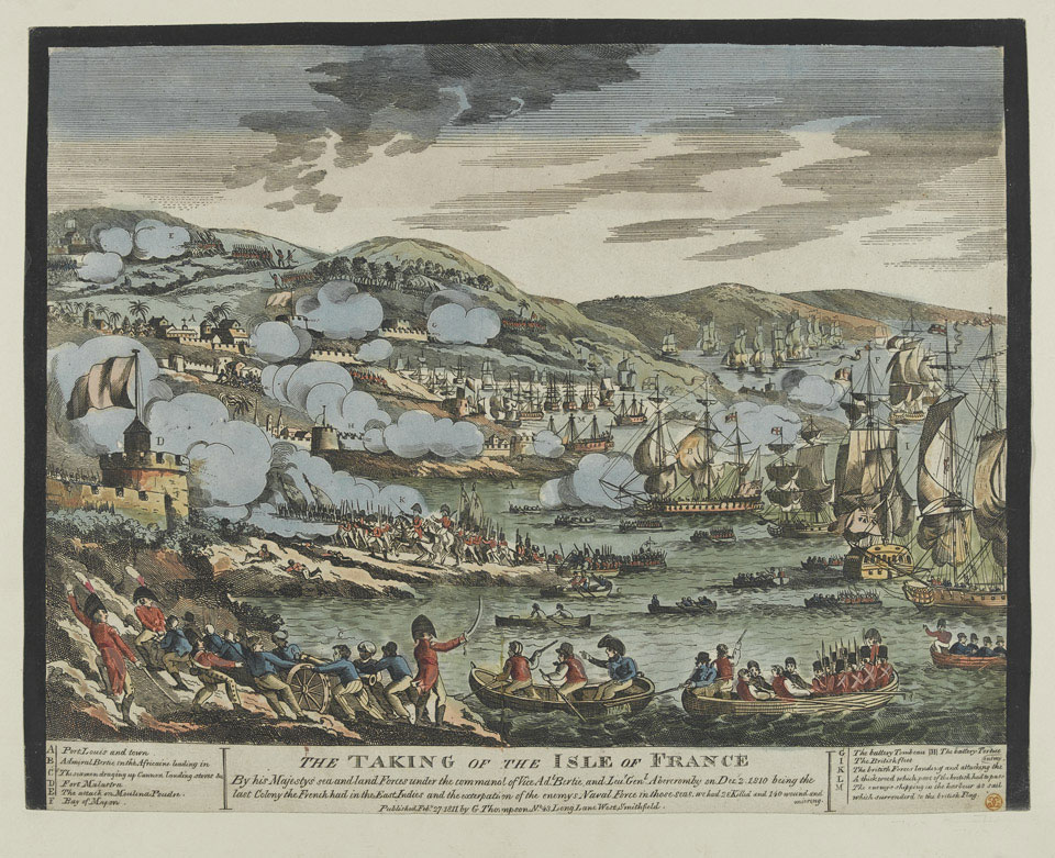 British forces seizing the Isle de France in 1810. Britain took the strategic sugar island from France, restored the name Mauritius, and ruled it for over a century and a half.