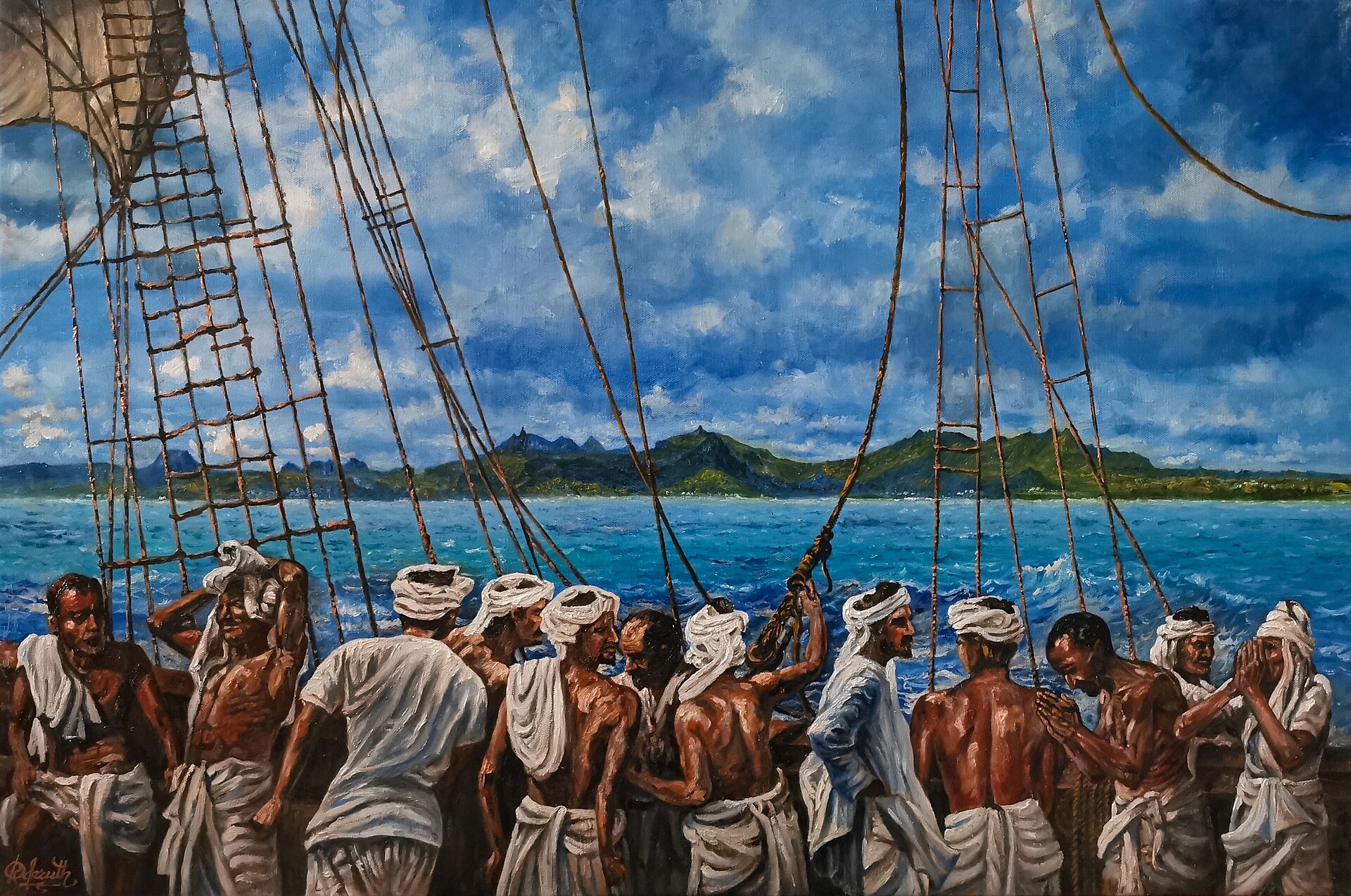 The first indentured Indian workers arriving in Mauritius, whose descendants became the majority of the population. Credit: Oderuth (CC BY-SA 4.0).