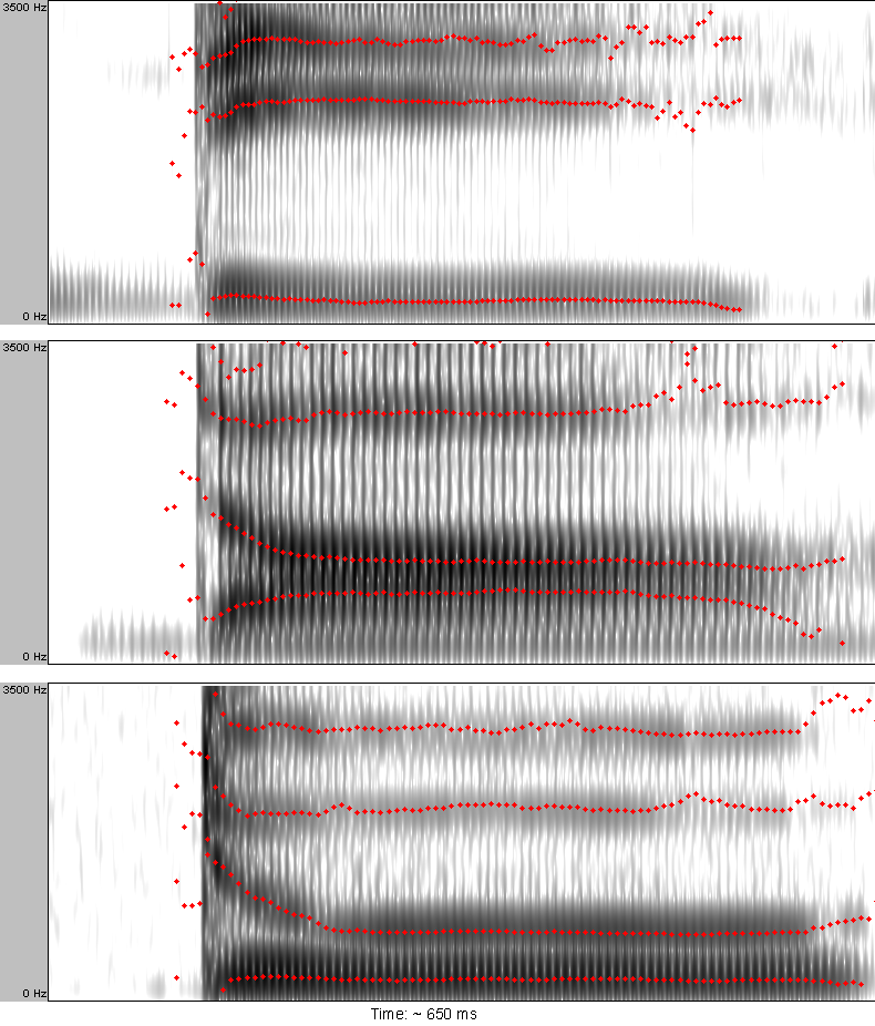 Spectrograms of spoken syllables. The acoustic signal is unambiguous; what is perceived is not, because visual articulation is combined with it before the percept is formed.