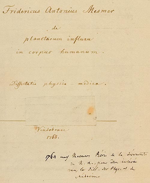 Mesmer's dissertation on planetary influence on the human body. The doctrine grew out of an existing tradition of universal fluids and sympathetic influences, which is part of why it did not appear absurd to his contemporaries.