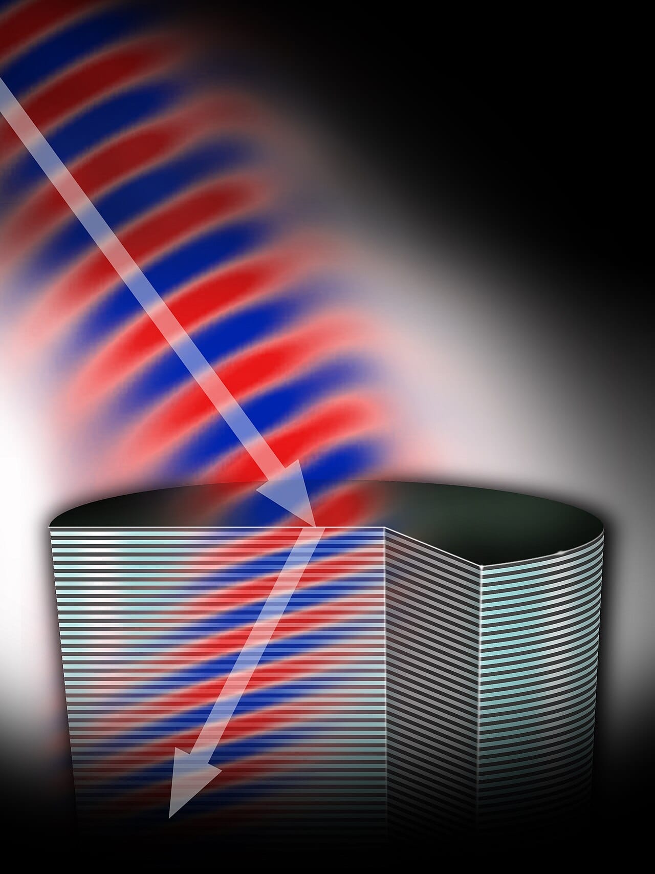 A rendering of a negative-index metamaterial. Light entering such a structure bends to the opposite side of the normal from anything found in nature.